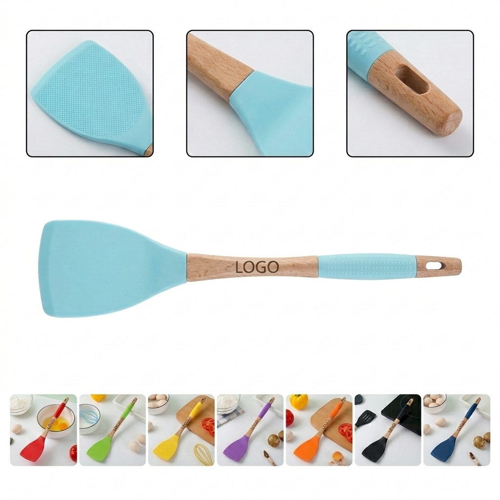 Food Grade Silicone Cooking Utensils with Wooden Handles - Non-Slip Grip